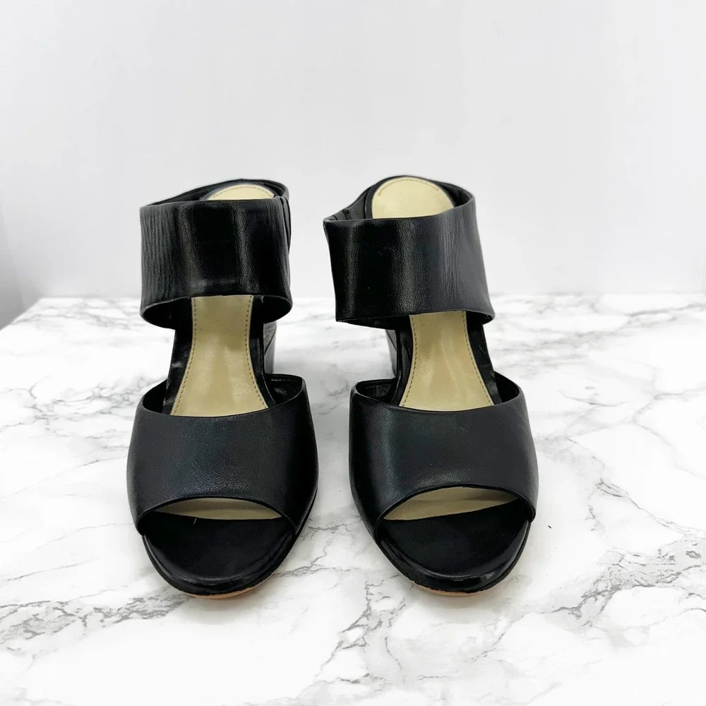 Vince Camuto Black Leather Wood Wedge Peep Toe Slides Sandals‎ Womens Size 7M - Picture 2 of 7